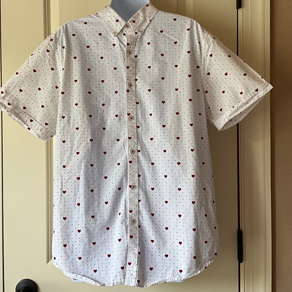 Denim & Flowers Heart print short sleeve shirt size Large
